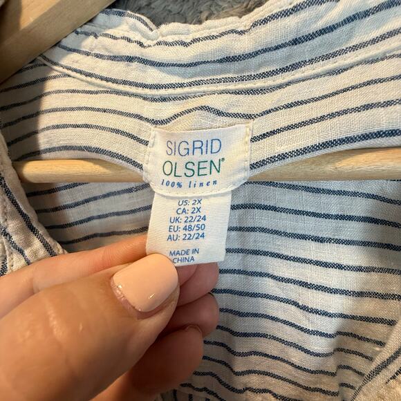 Sigrid Olsen Linen Blue White Stripe Tunic Top Popover Blouse Buttons 2X 2XL - Picture 7 of 9